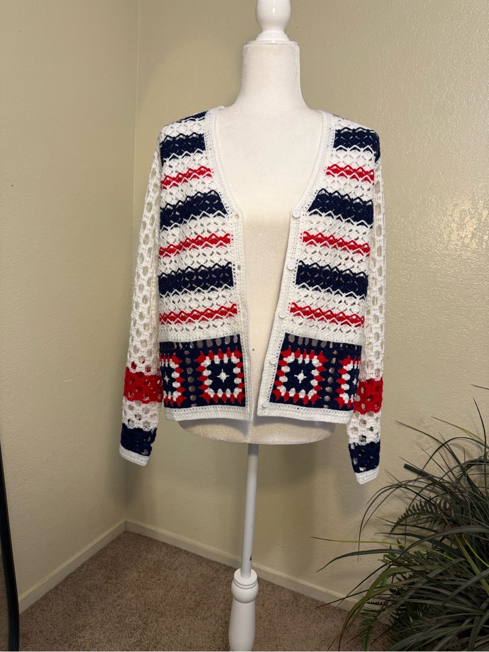 White, Red & Navy Crochet Open Cardigan Sweater